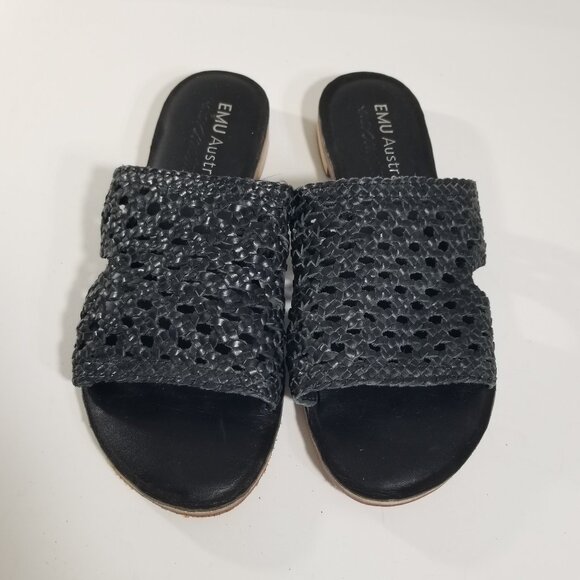Emu Kadina Leather Slide Womens 8M US  Block Heel Cusioned Boho Chic Black Woven - Picture 1 of 8